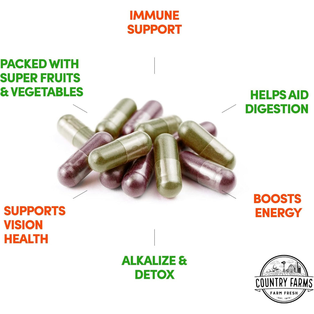 Country Farms Fruits and Vegetables Supplement, 180 Fruit and 180 Veggie Capsules, Greens and Reds Packed with Superfoods, Powerful Antioxidants, 60 Servings