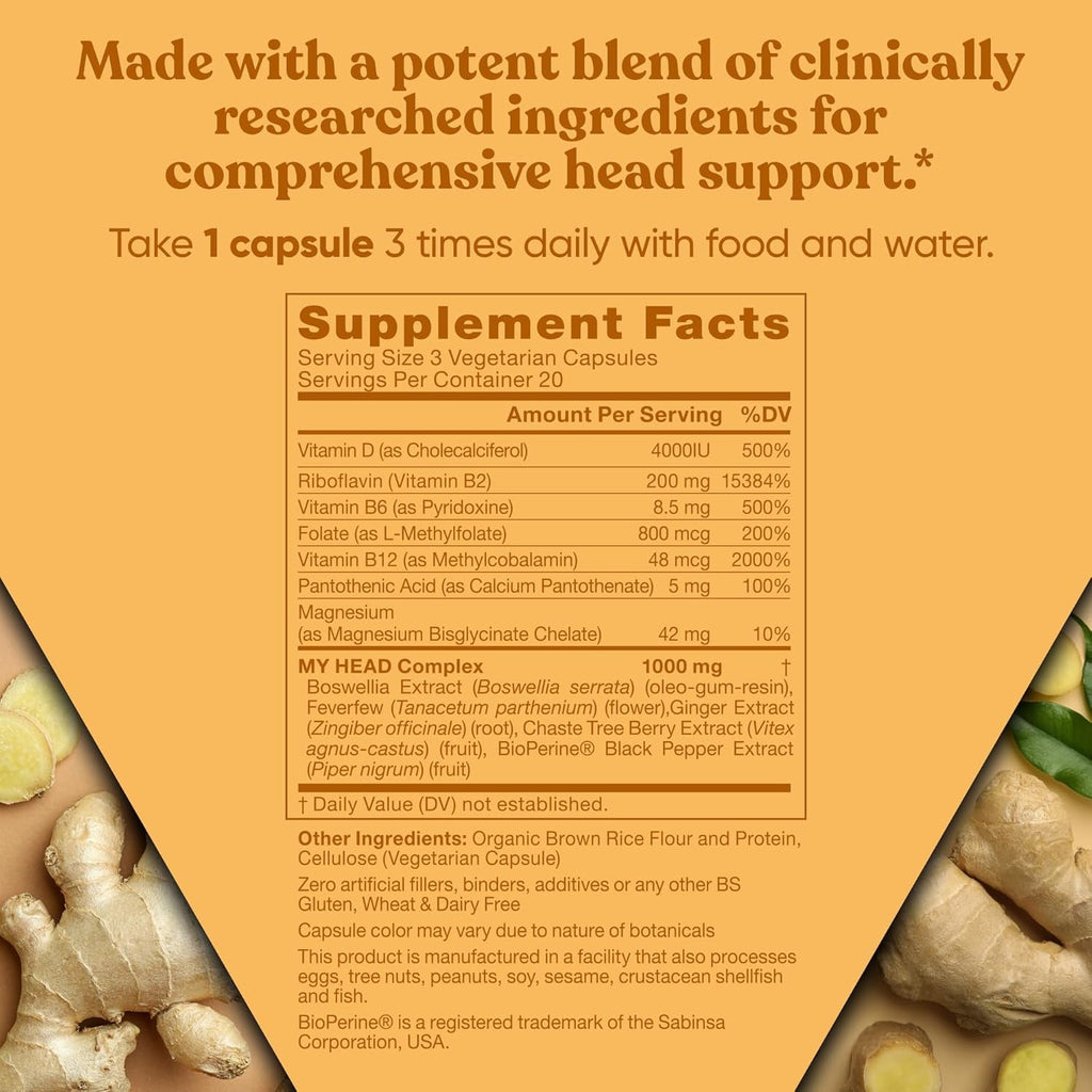 My Head! Headache Vitamins - Sensitivity, Tension, Comfort, Healthy Head Function for a Clear Mind - Fast Acting Magnesium, Feverfew, Boswellia, Vitamin D, Ginger, & More - 60 Soft Capsules