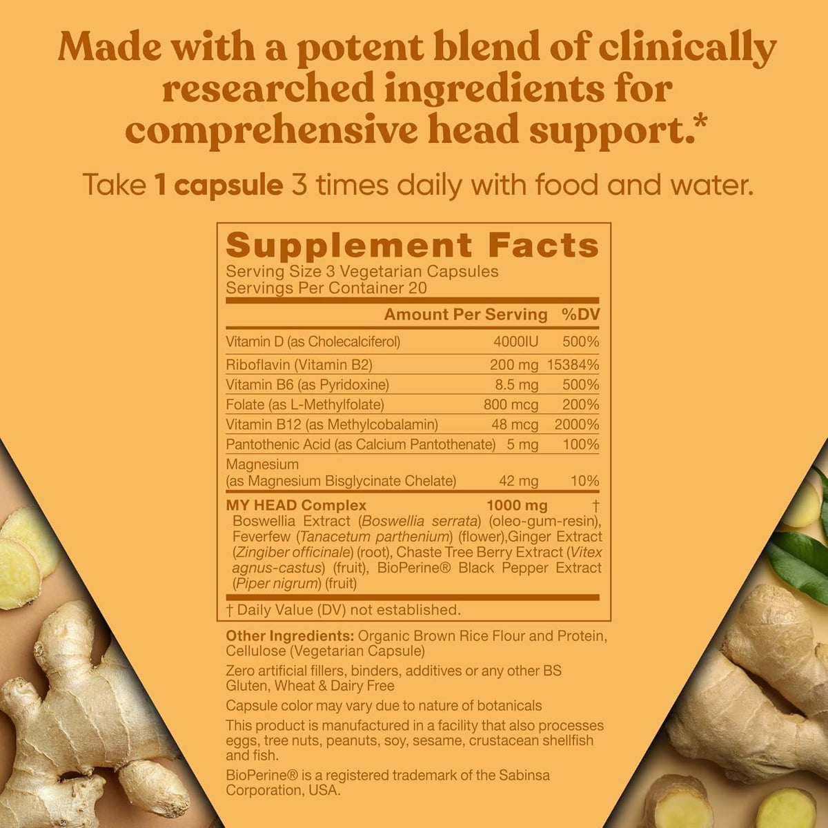 My Head! Headache Vitamins - Sensitivity, Tension, Comfort, Healthy Head Function for a Clear Mind - Fast Acting Magnesium, Feverfew, Boswellia, Vitamin D, Ginger, & More - 60 Soft Capsules