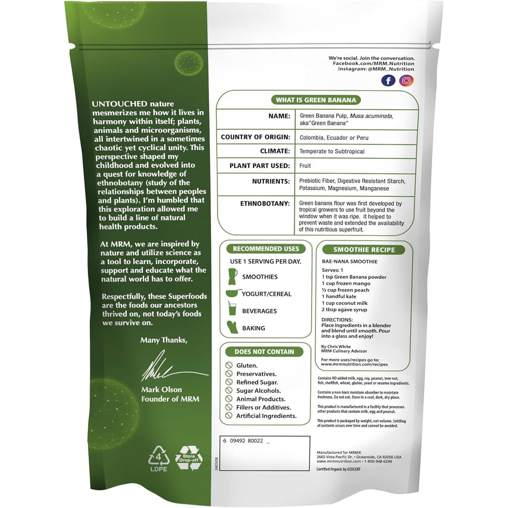 MRM Organic Green Banana Powder Superfood - Prebiotic-Fiber, Digestive Resistant Starch, Flour Alternative for Baking, Cooking and Shakes, Gluten‑Free, Vegan, Non-Gmo Verified-40 Servings