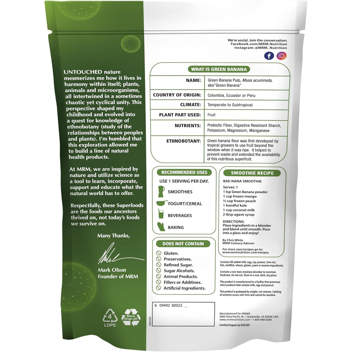 MRM Organic Green Banana Powder Superfood - Prebiotic-Fiber, Digestive Resistant Starch, Flour Alternative for Baking, Cooking and Shakes, Gluten‑Free, Vegan, Non-Gmo Verified-40 Servings