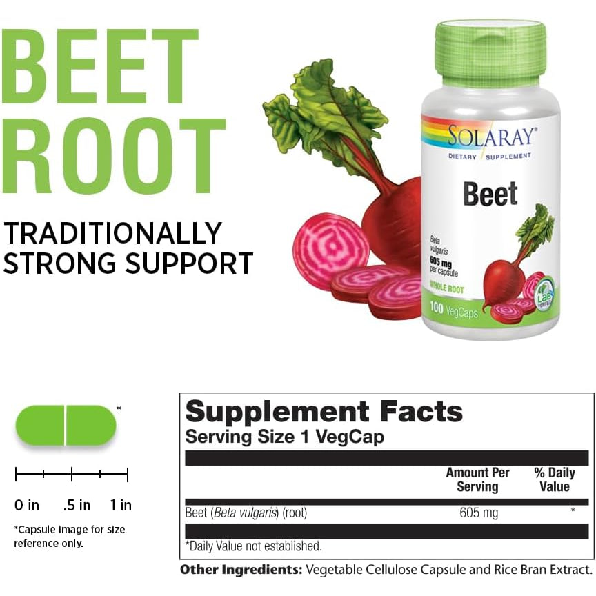 SOLARAY Beet Root 605Mg | May Support Cardiovascular Health & Athletic Performance, Kidney, Liver & Blood Health | Non-Gmo | Vegan | 100 Vegcaps