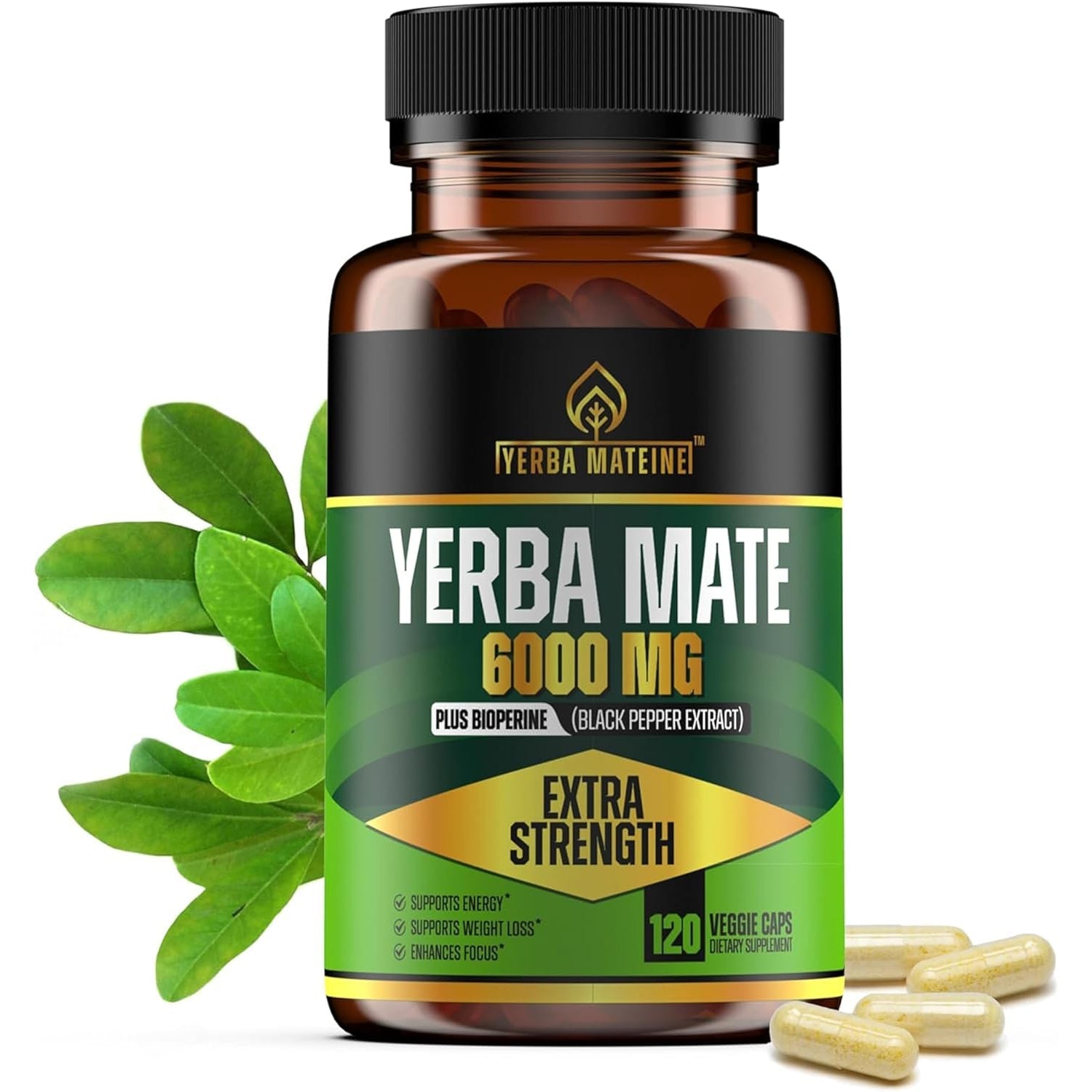 Extra Strength Yerba Mate High Potency, 60Mg Caffeine per Capsule, Extract Pills Supplements for Clean Natural Energy, Made in USA - 120 Caps