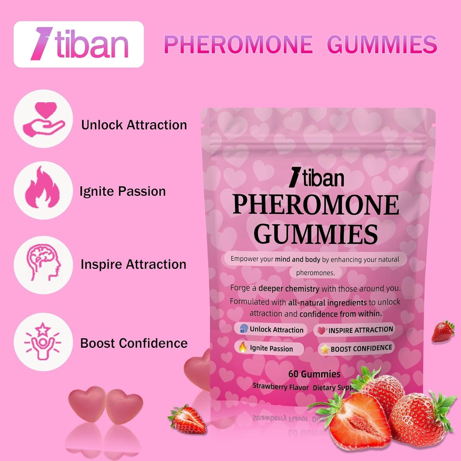 Pheromone Gummies for Her, Women Slippery Elm, Enhance Charm, Supports Balance, Confidence & Social Vibe, Vegan, Non-Gmo, Gluten-Free, Strawberry Flavor, 60 Gummies