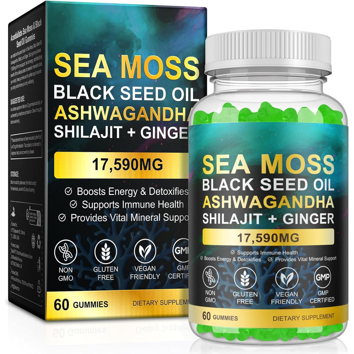 Sea Moss Gummies,With Elderberry Black Seed Oil,Ashwagandha&Ginger,Natural Irish Sea Moss for Immunity & Energy Supplement for Women,Men,Extra Strength,Great Tasting (1 Pack)