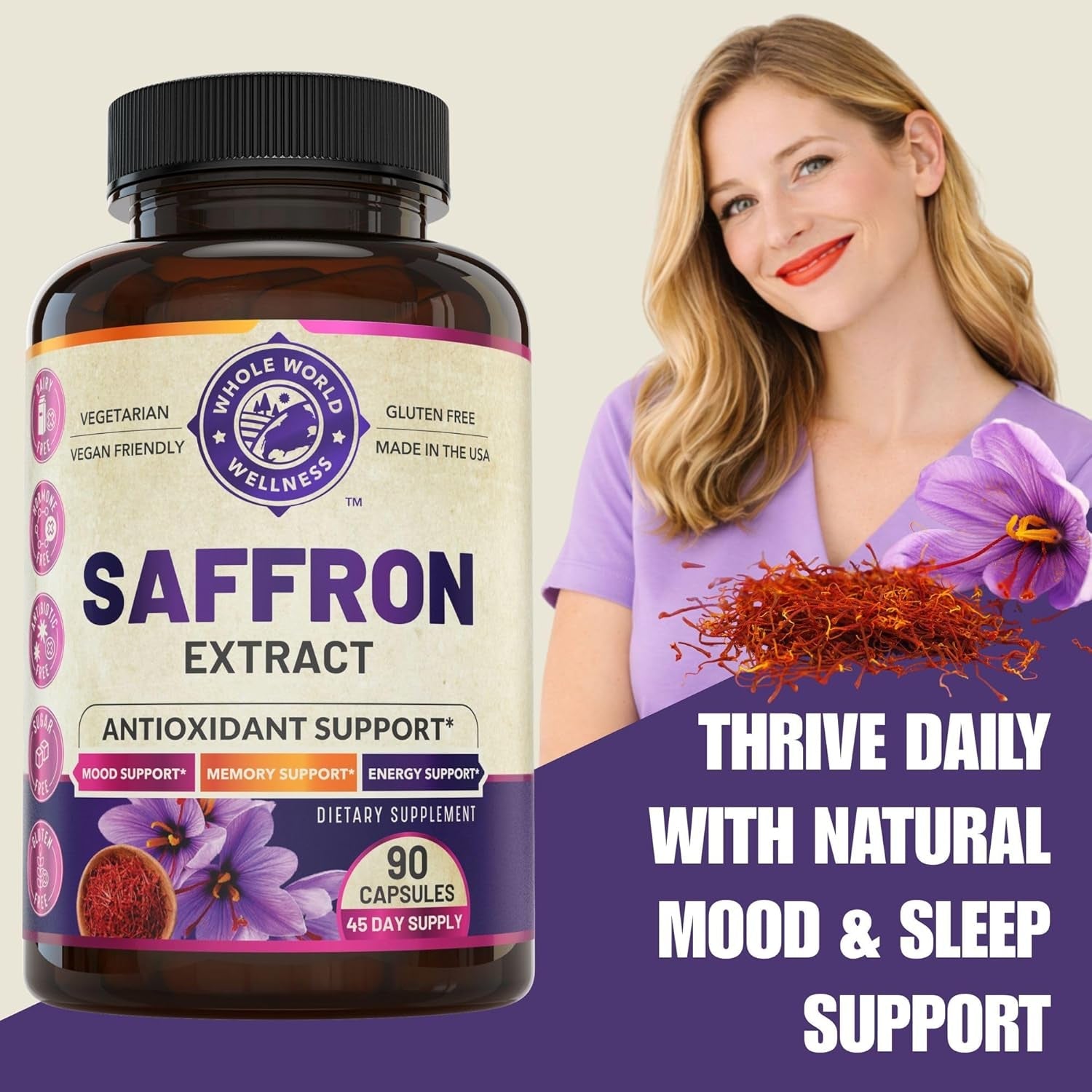 100% Pure Saffron Extract - Supports Weight and Appetite Health, Mood, Focus, Memory, Digestion, Eye, Skin and Brain Health. NSF Certified Saffron Supplements for Women and Men.