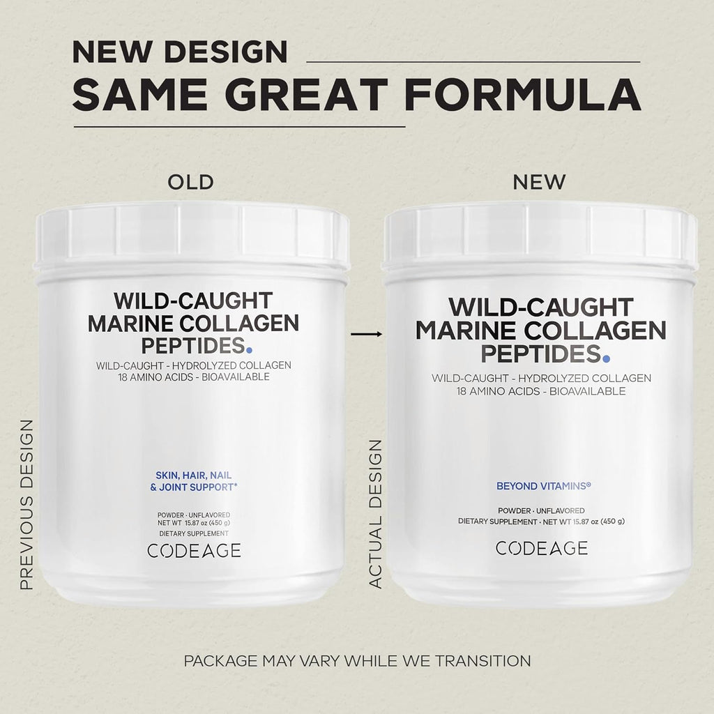 Codeage Marine Collagen Powder - Wild-Caught Hydrolyzed Fish Collagen Peptides - Type 1 & 3 Collagen Protein Supplement - Amino Acids for Skin, Hair, Nails - Paleo Friendly, Non-Gmo, 15.87 Ounces