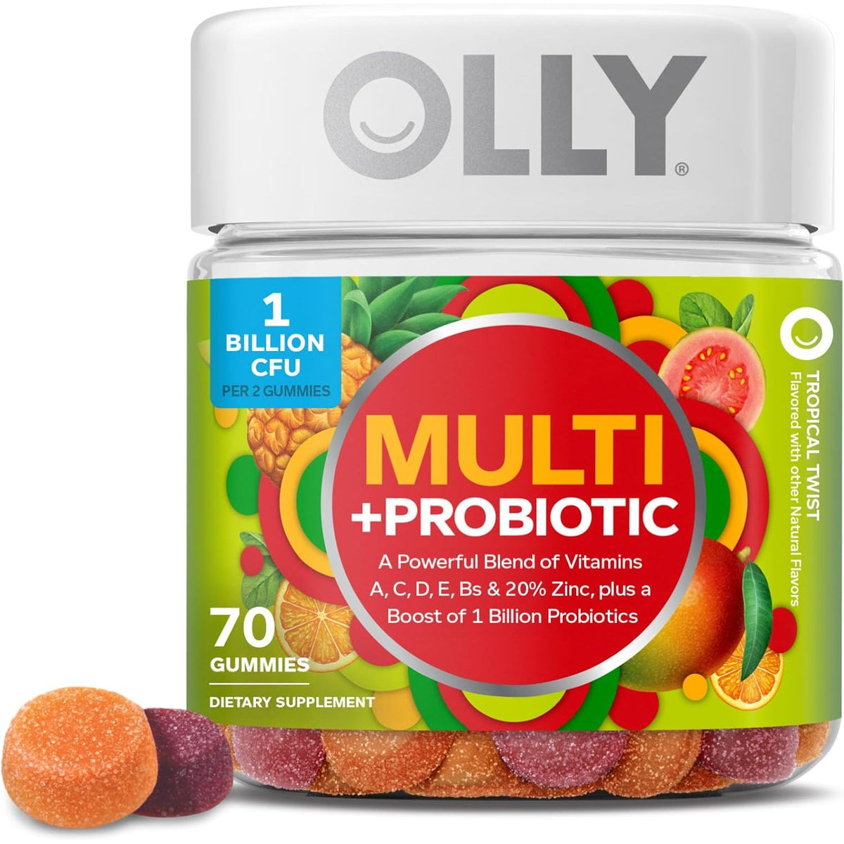 OLLY Multi + Probiotic Adult Multivitamin Gummy, Digestive and Immune System Support,* Chewable Supplement, Tropical Flavored, 35 Day Supply - 70 Count
