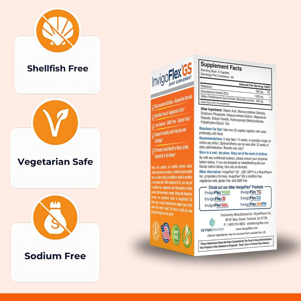 INVIGOFLEX® GS - Glucosamine Sulfate (Shellfish Free, Sodium Free & Vegetarian Safe) Non GMO, Gluten Free - with Boswellia Serrata - Knees, Hands, Back, and Hip Premium Joint Supplement