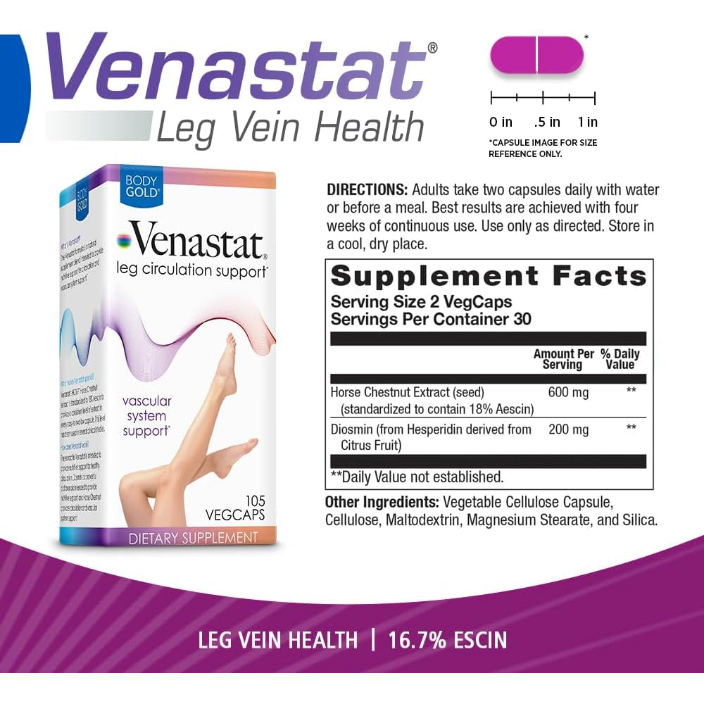 Body Gold Venastat - Leg Vein Support Supplements, Circulation Supplements with Horse Chestnut & Diosmin for Men & Women, Healthy Blood Flow - 105 Veggie Capsules