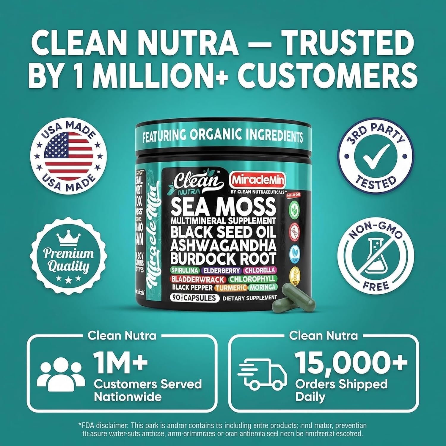Clean Nutra Organic Sea Moss Capsules with Ashwagandha, Black Seed Oil, Burdock Root, Bladderwrack, Moringa, Chlorella, Spirulina, Turmeric, Elderberry, Amla � 90 Vegan Capsules � Miraclemin