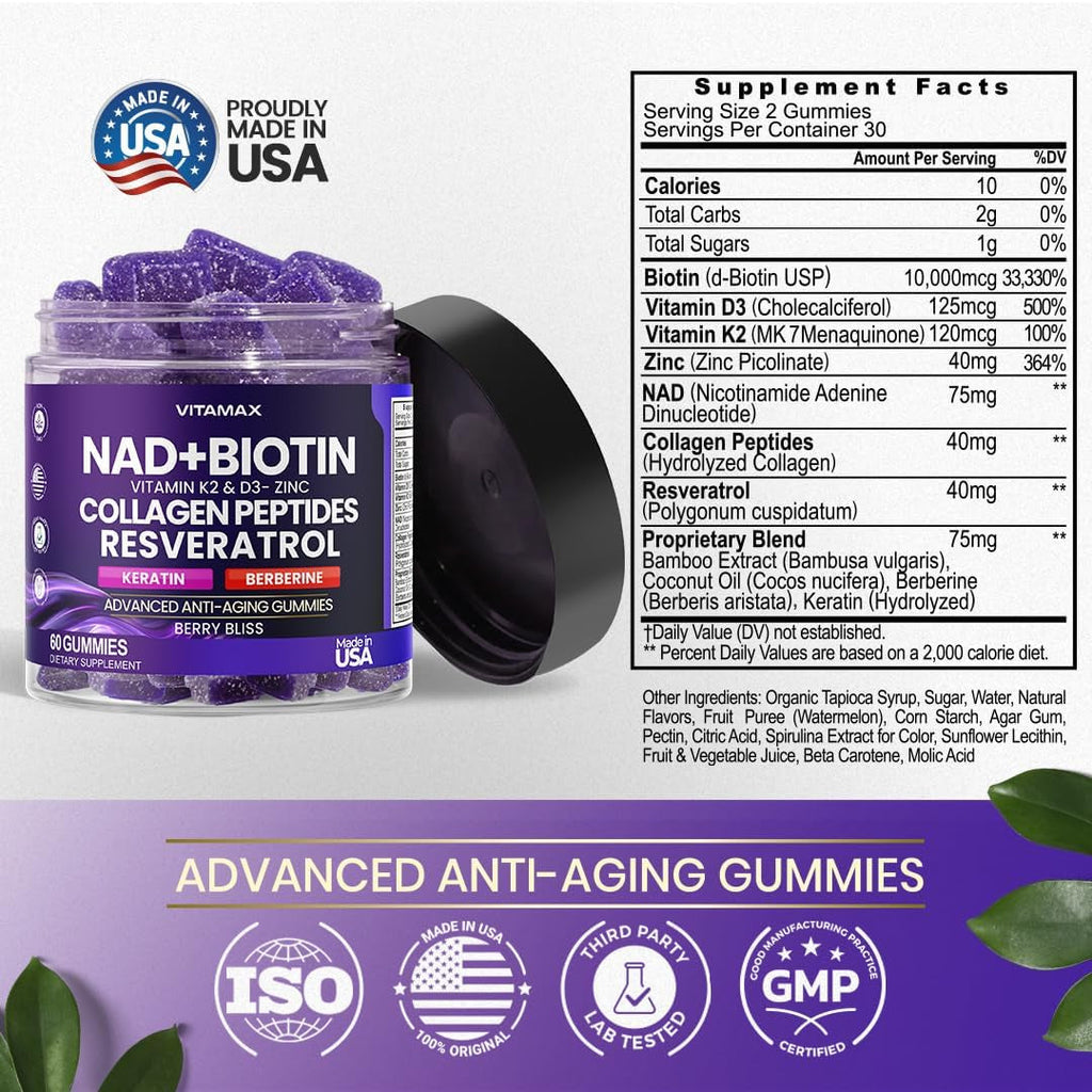 NAD+, Resveratrol, Berberine, & Biotin Anti-Aging Gummy - Hair, Skin, Nails & Joint Supplement - Collagen Peptides, Keratin, Zinc, Vitamin K2 & D3 Gummies -Regeneration- Non-Gmo - Made in USA 60 Count
