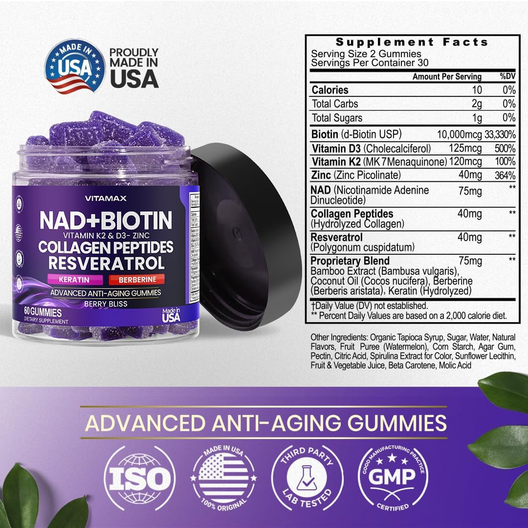 NAD+, Resveratrol, Berberine, & Biotin Anti-Aging Gummy - Hair, Skin, Nails & Joint Supplement - Collagen Peptides, Keratin, Zinc, Vitamin K2 & D3 Gummies -Regeneration- Non-Gmo - Made in USA 60 Count