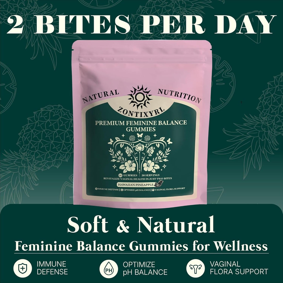 Premium Feminine Balance Gummies Women - Pineapple Gummies for Women Ph Probiotic and Immune Support Vegan Gluten Free 60 Gummies 30 Servings