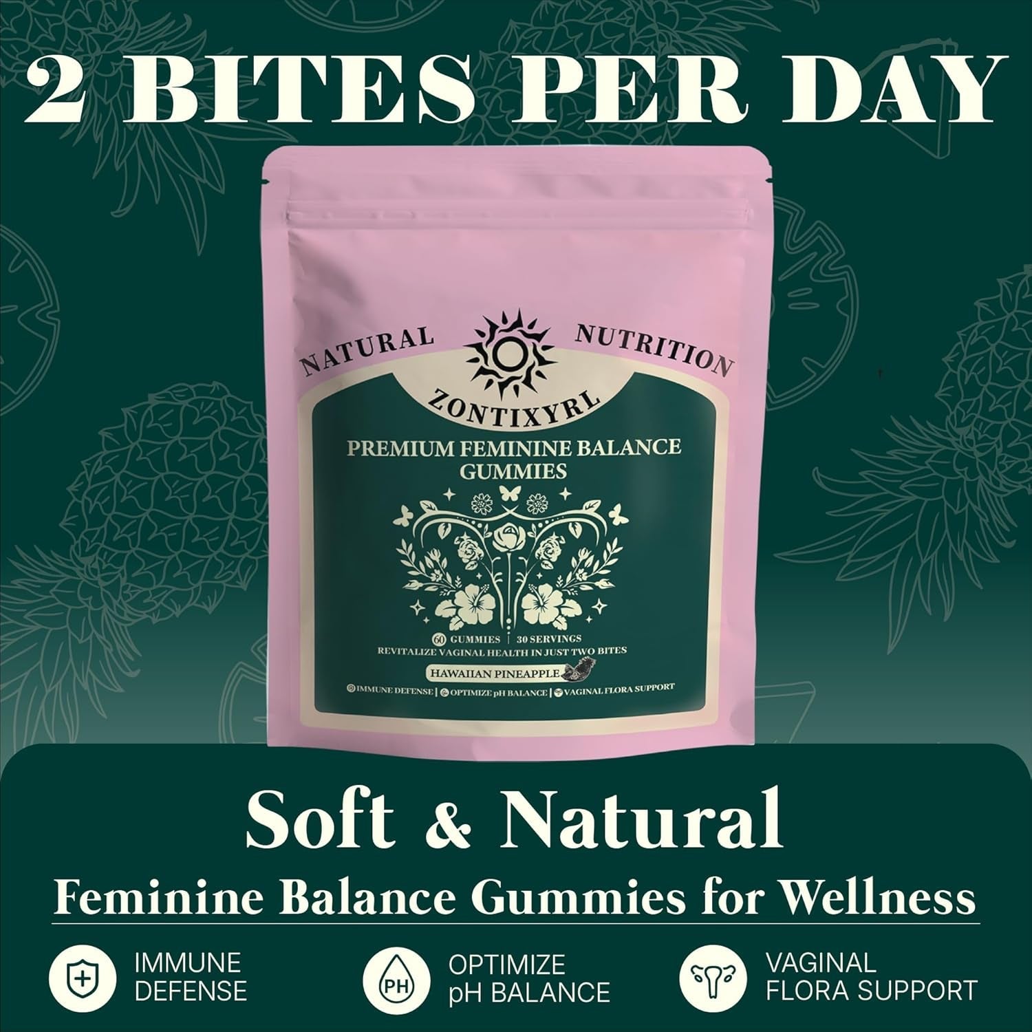 Premium Feminine Balance Gummies Women - Pineapple Gummies for Women Ph Probiotic and Immune Support Vegan Gluten Free 60 Gummies 30 Servings