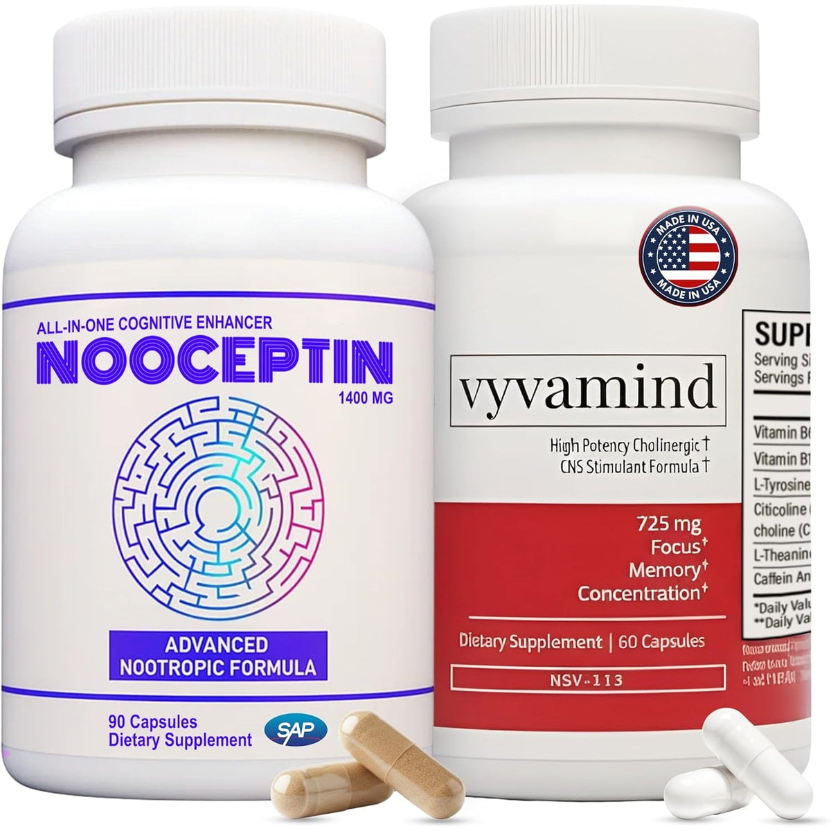 Vyvamind Neurostimulant + Focus Aid & NOOCEPTIN All-In-One Cognitive Enhancer Supplement, Dual Action Brain & Neurotransmitter Support, Our Best Nootropic Formula yet with Caffeine & L-Theanine