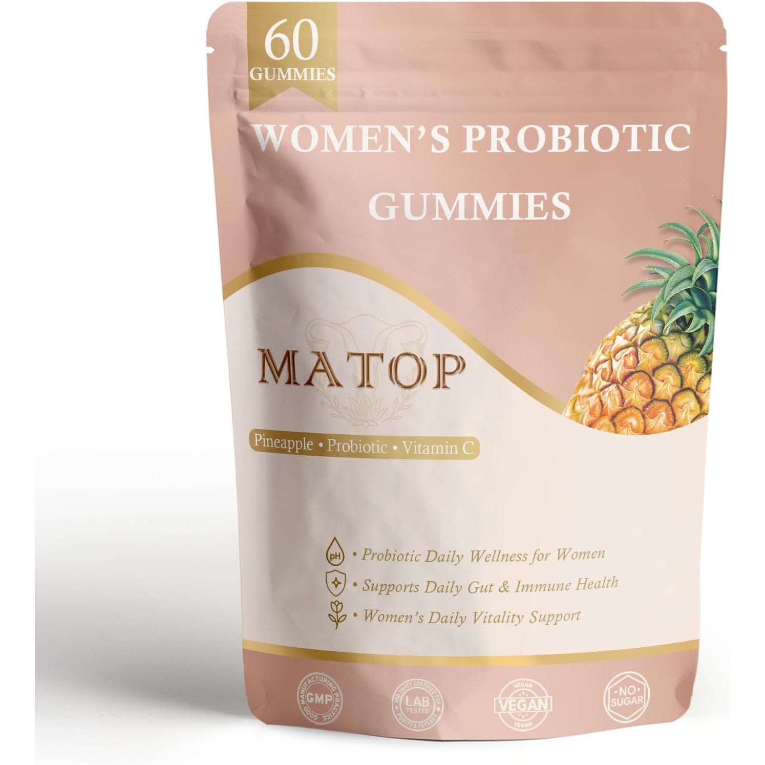 MATOP Women’S Probiotic Gummies for Gut & Daily Wellness – Vitamin C Supplement, Pineapple Flavor, 60 Count