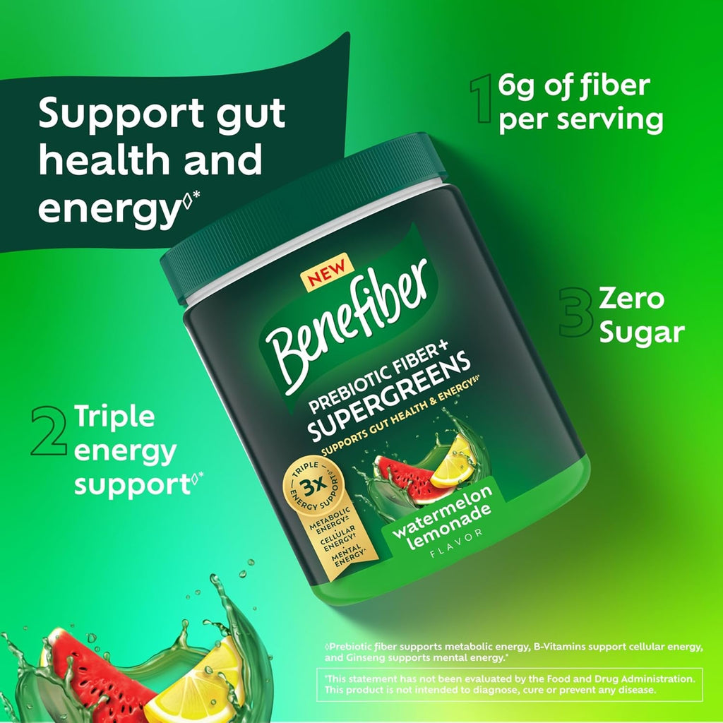 Benefiber Prebiotic GLP-1 Friendly Fiber + Supergreens Dietary Supplement Powder, Watermelon Lemonade Flavor, 8.8 Oz (250G)