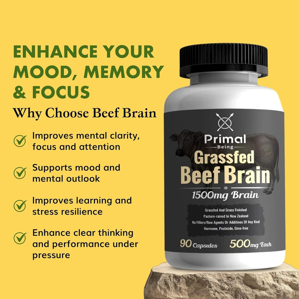 Primal Being Grassfed Beef Brain, Supports Memory, Mood, Focus, Energy, Cognitive Health - 90 Capsules, 1500Mg per Serving