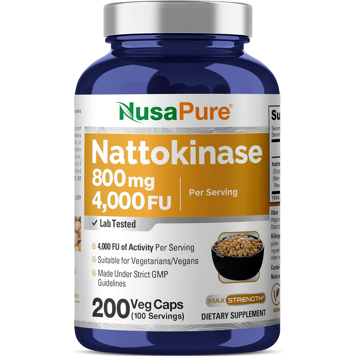 Nusapure Nattokinase 4000 FU 800Mg, 200 Veggie Capsules (Vegan, Non-Gmo)