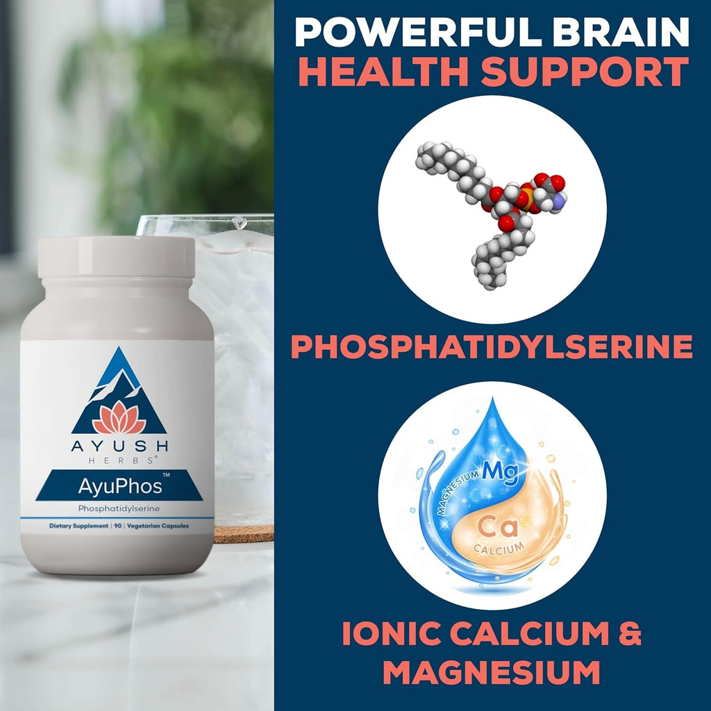 Ayush Herbs Ayuphos - Phosphatidylserine Supplement for Men & Women, Soy-Free Phosphatidyl Serine, Brain, Memory, & Cognitive Support for Adults, 200Mg per Pill - 45 Servings