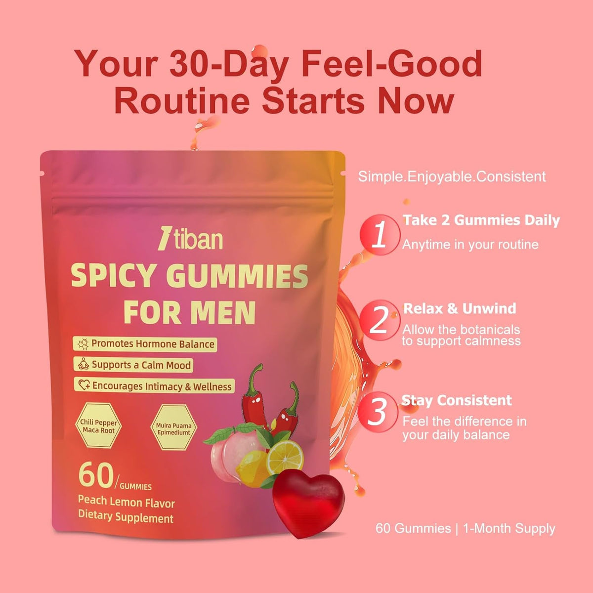 Spicy Gummies Cubes for Couples, Adults Hot Peach Gummy with Chili Pepper, Muira Puama, Maca Root and Epimedium, Plant-Based Daily Wellness Support, Vegan, Non-Gmo – 60 Gummies