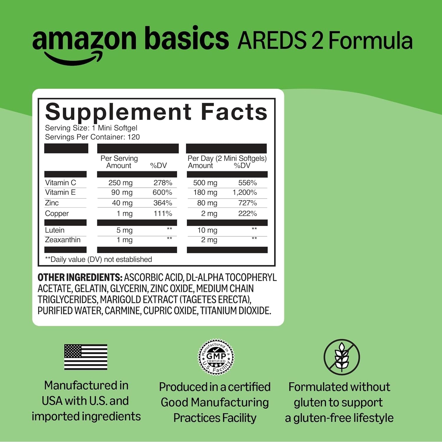 Amazon Basics Eye Vitamin and Mineral Supplement, AREDS 2 Formula with Lutein & Zeaxanthin, 120 Softgels