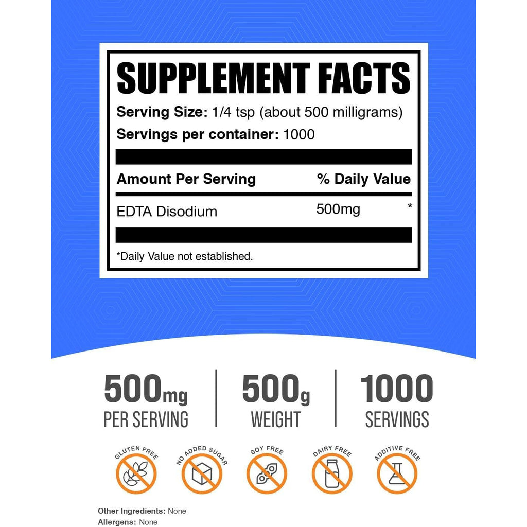 Bulksupplements.Com Disodium EDTA Powder - EDTA Disodium Salt, Food Additive - Food Grade, Pure, & Gluten Free, 500Mg per Serving, 500G (1.1 Lbs) (Pack of 1)