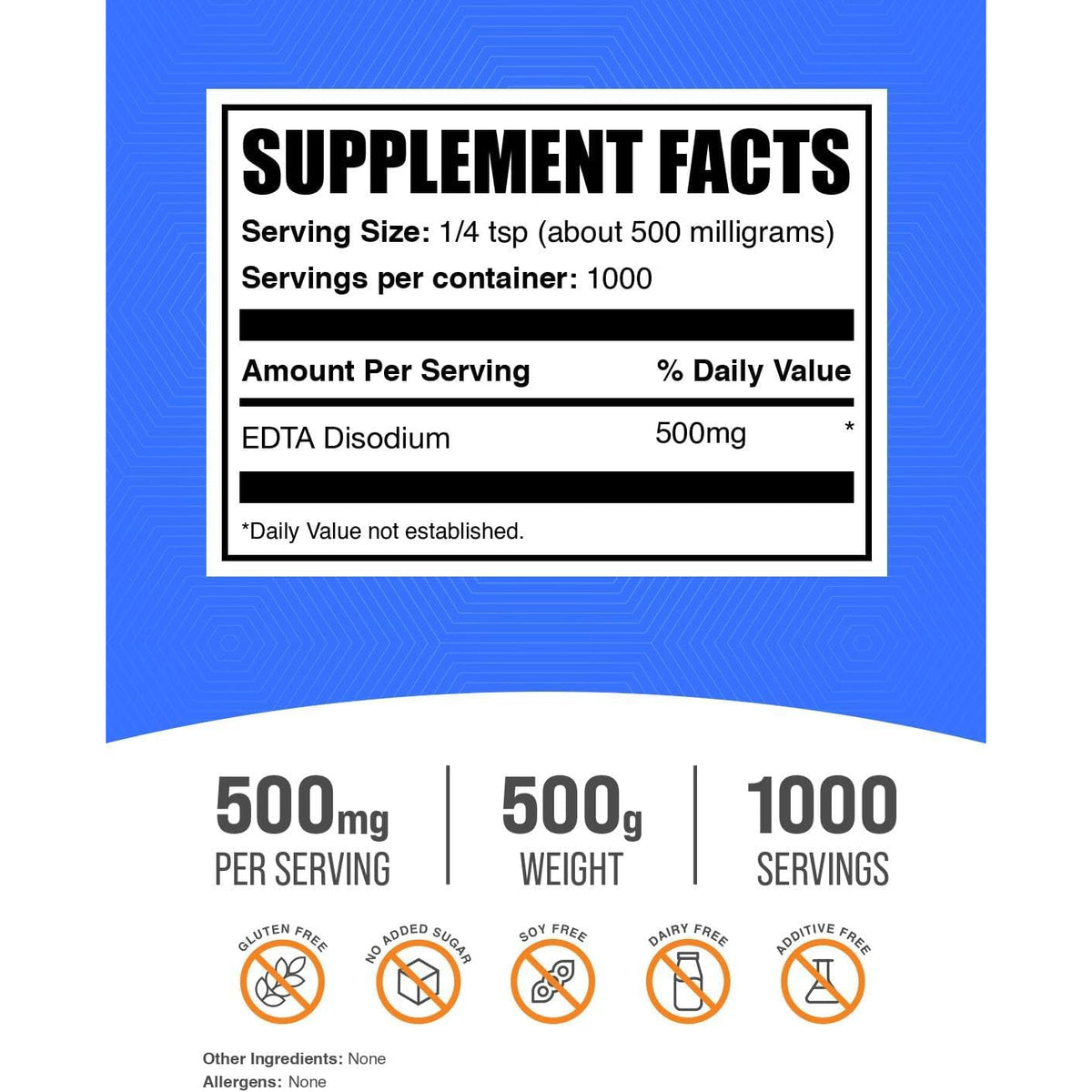 Bulksupplements.Com Disodium EDTA Powder - EDTA Disodium Salt, Food Additive - Food Grade, Pure, & Gluten Free, 500Mg per Serving, 500G (1.1 Lbs) (Pack of 1)