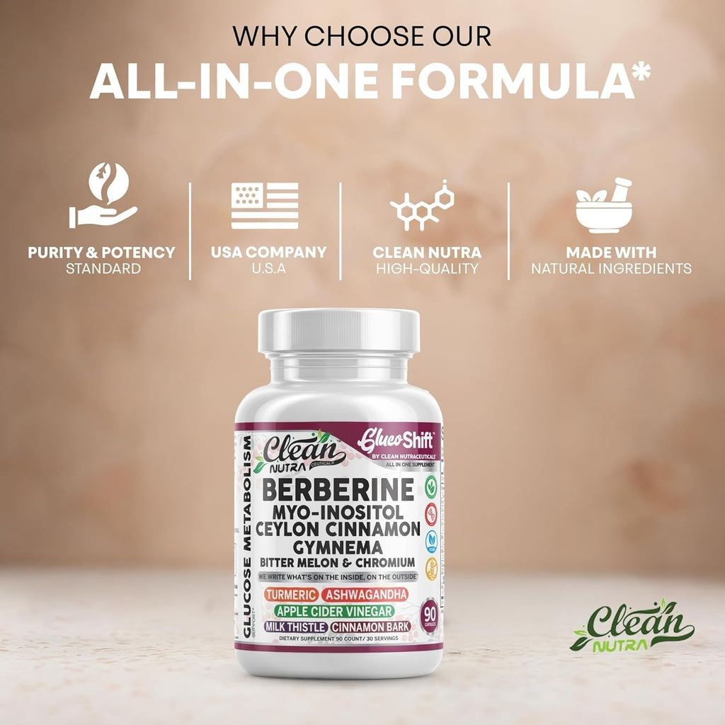 Clean Nutra Berberine Supplement Myo-Inositol Ceylon Cinnamon Gymnema Bitter Melon Chromium Complex for Digestion, Antioxidant Support & Wellness 90 Vegan Capsules Non-Gmo