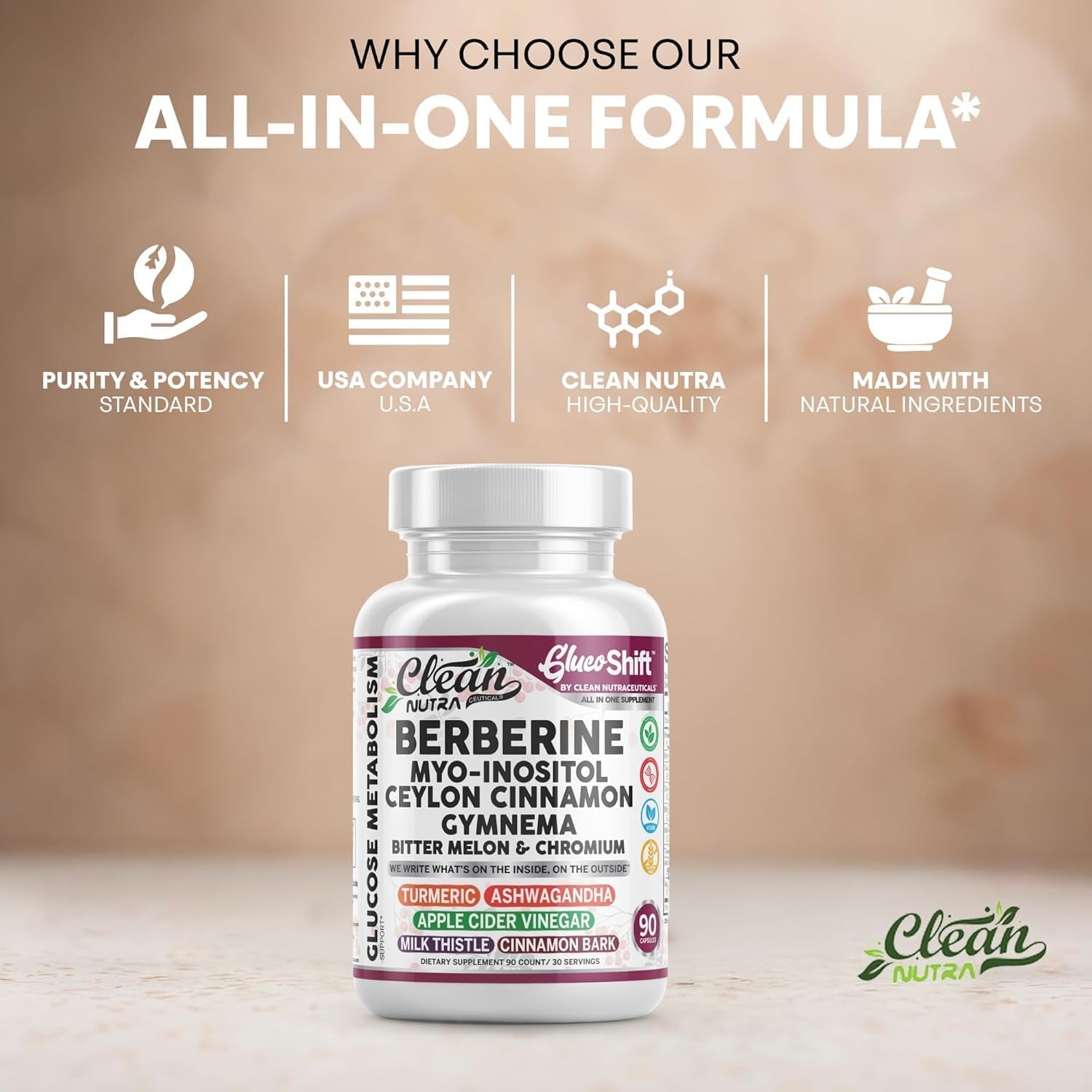 Clean Nutra Berberine Supplement Myo-Inositol Ceylon Cinnamon Gymnema Bitter Melon Chromium Complex for Digestion, Antioxidant Support & Wellness 90 Vegan Capsules Non-Gmo