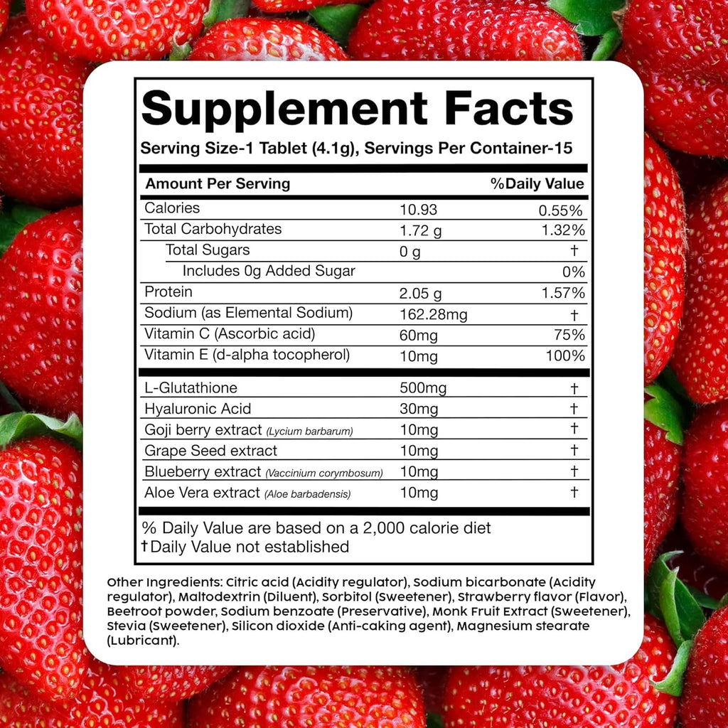 PLIX Glowy Skin 500Mg Glutathione Supplement with Hyaluronic Acid, Vitamin C, E & Berries | 30 Effervescent Tablets, Strawberry Flavor