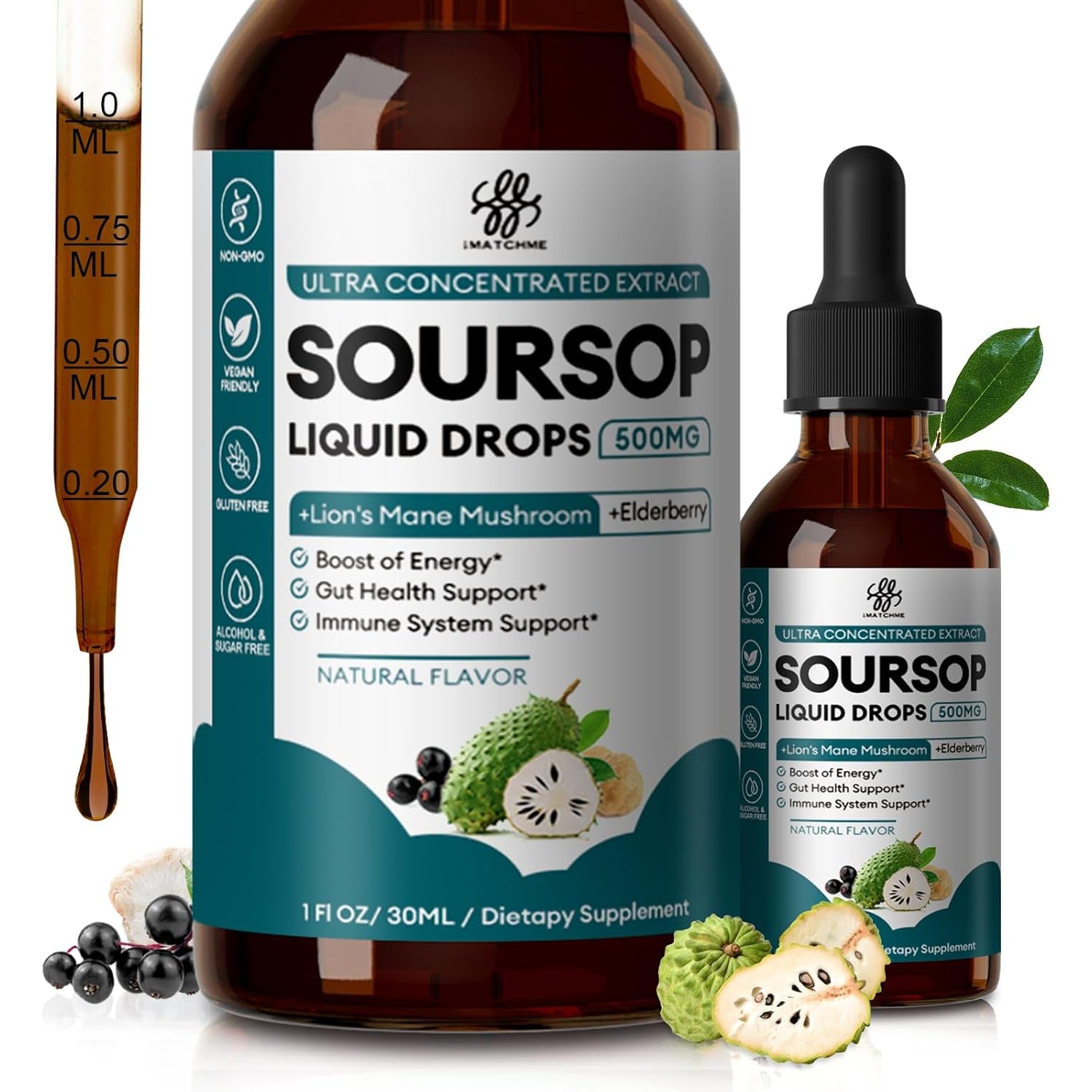 Imatchme Soursop Graviola Liquid Drop for Immune, Gut, Antioxidants, Cell & Energy, Soursop Bitters Liquid with Elderberry & Lion Mane Mushroom, 3X Power Herbal, Sugar-Free, Natural Flavor, 1 Fl Oz