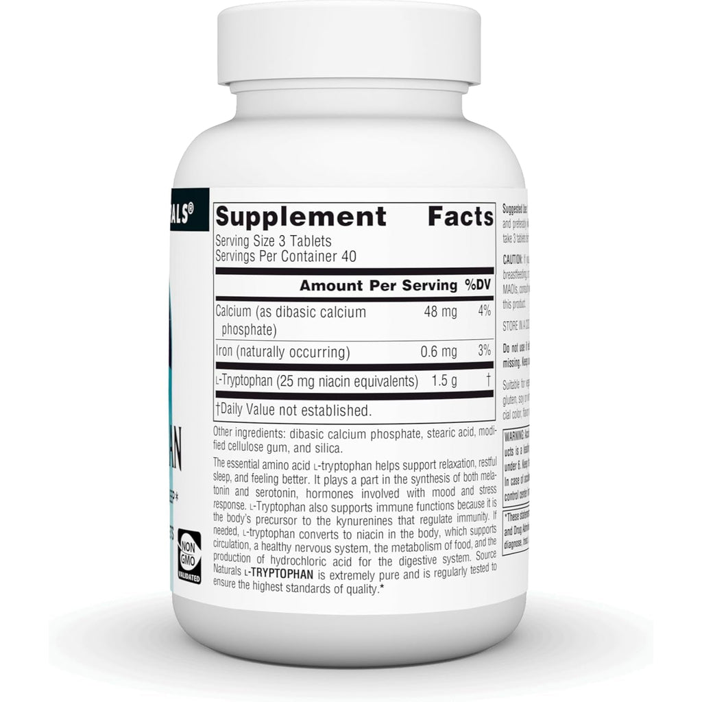 Source Naturals L-Tryptophan, for Mood, Relaxation, and Sleep*, 500Mg - 120 Tablets