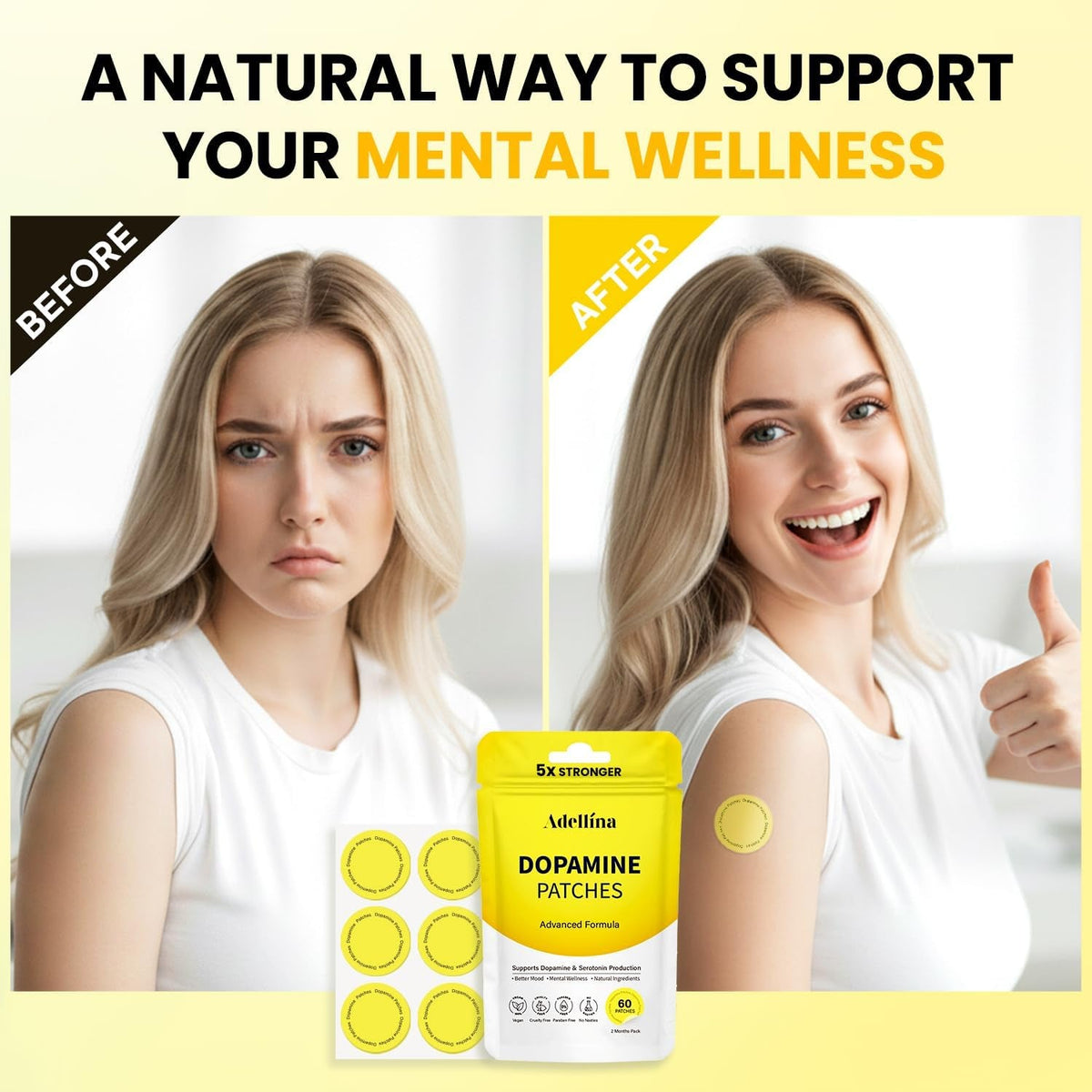 Adellina Dopamine Patches Extra Strength 60 Count: Mood Boost Patches for Daily Mental Wellness - Supports Dopamine & Serotonin Balance for Men Women, 2Months Pack