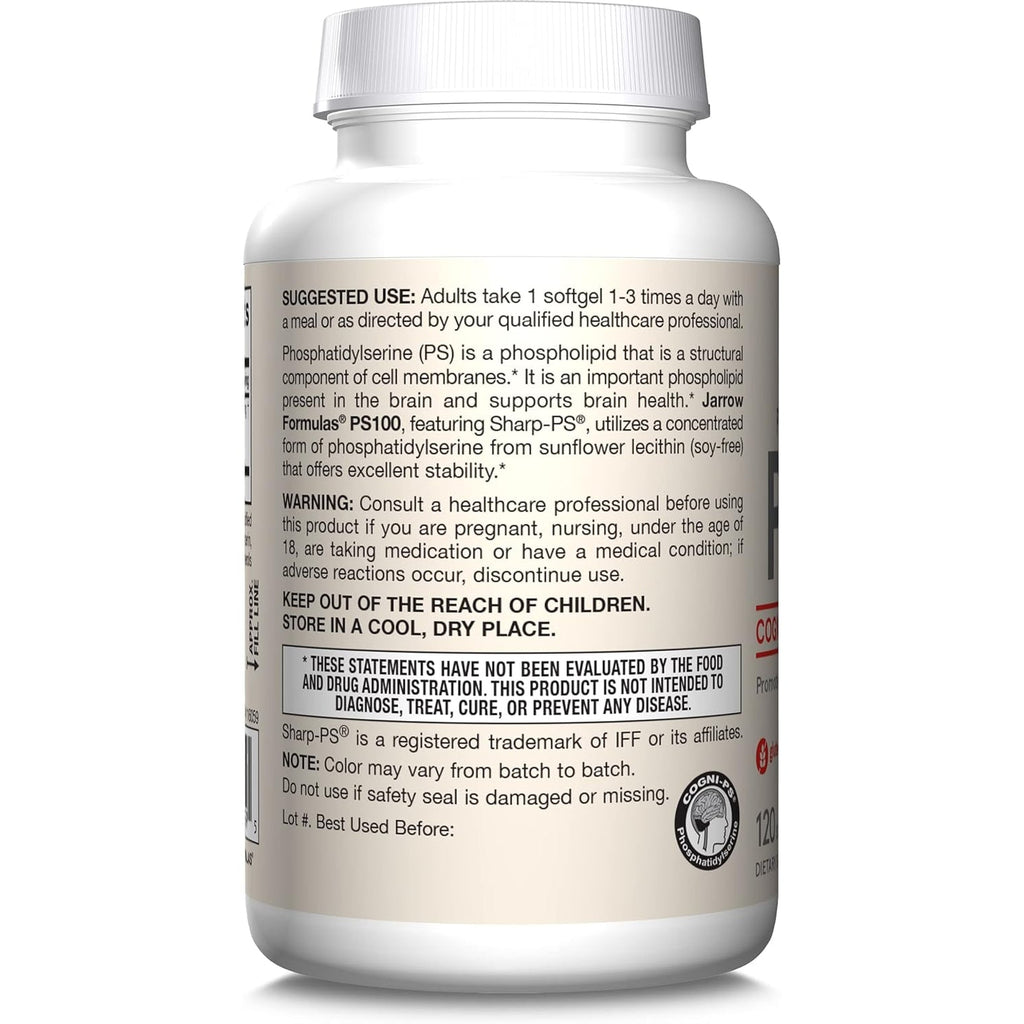 Jarrow Formulas PS100 Phosphatidylserine 100Mg, Dietary Supplement for Brain Health and Cognitive Function Support, 120 Softgels, up to a 40-120 Day Supply