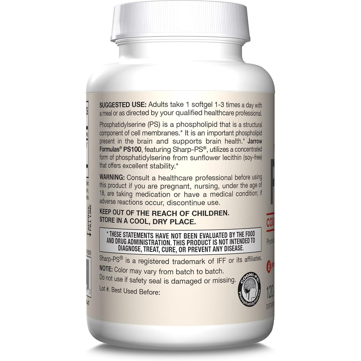 Jarrow Formulas PS100 Phosphatidylserine 100Mg, Dietary Supplement for Brain Health and Cognitive Function Support, 120 Softgels, up to a 40-120 Day Supply