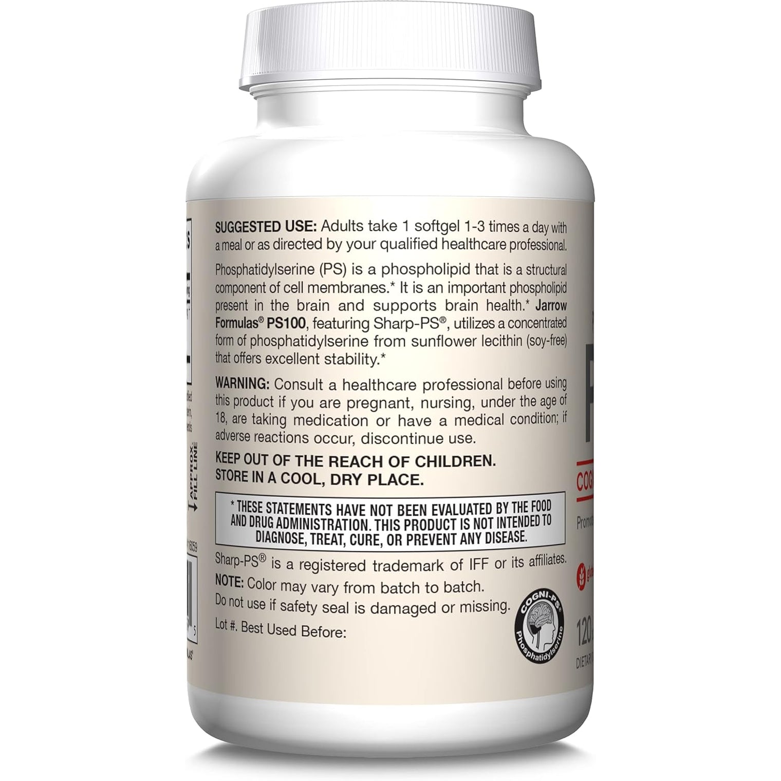 Jarrow Formulas PS100 Phosphatidylserine 100Mg, Dietary Supplement for Brain Health and Cognitive Function Support, 120 Softgels, up to a 40-120 Day Supply