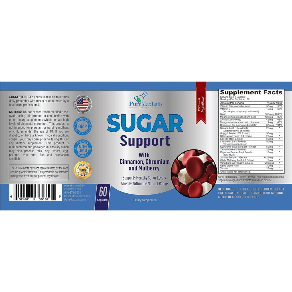 YUMMYVITE Sugar Support Supplement with Cinnamon, Chromium, Mulberry, Alpha Lipoic Acid - 20 Herbs & Vitamins - Non-Gmo, 60 Capsules