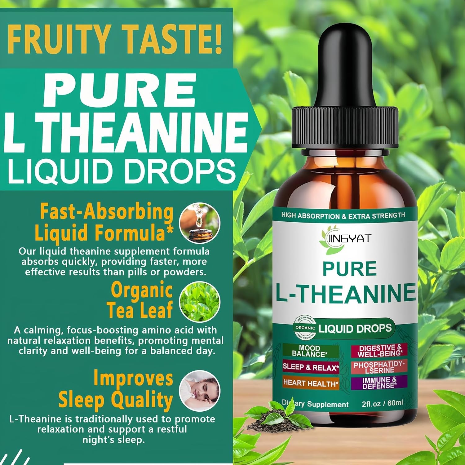 L Theanine Liquid Drops, Pure L-Theanine 400Mg for Adults and Kids, Organic High Absorption L Theanine Supplement, Natural Focus Supplement, Non-Gmo | Gluten Free | 30 Servings