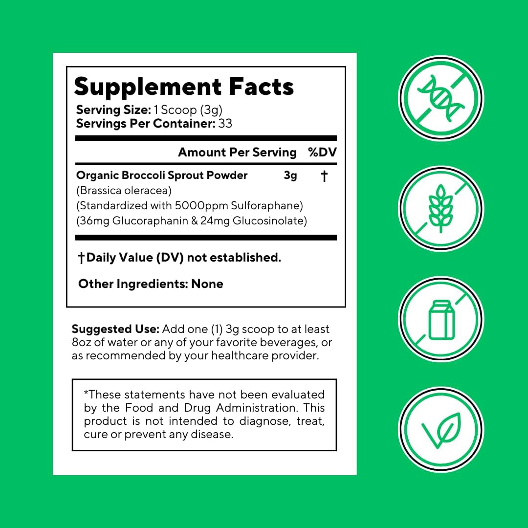 Vitapia Organic Broccoli Sprout Powder for Sulforaphane, Antioxidant, Brain, Skin, Heart Health Support - 100G Powder Supplement & 33 Day Supply - Non-Gmo, Gluten-Free, Vegan-Friendly