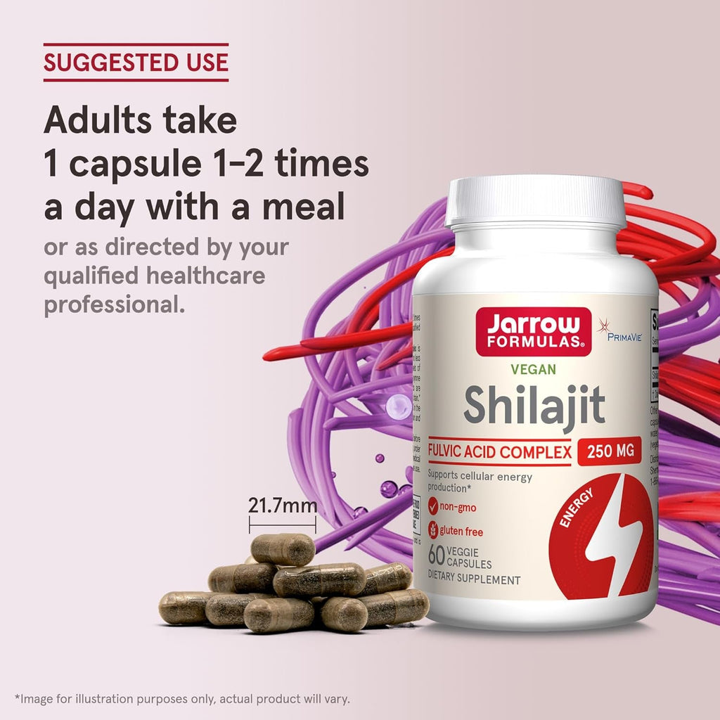 Jarrow Formulas® Shilajit 250 Mg, Dietary Supplement, Shilajit Acid Complex for Cellular Energy Production, 60 Veggie Capsules, 60 Day Supply