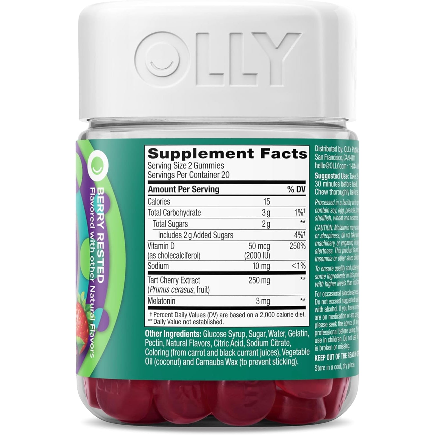 OLLY Muscle Recovery Sleep Gummies, Sleep and Healthy Muscle Support,* 3Mg Melatonin, Tart Cherry Extract, Vitamin D, Berry Rested Flavor, 20 Day Supply - 40 Count