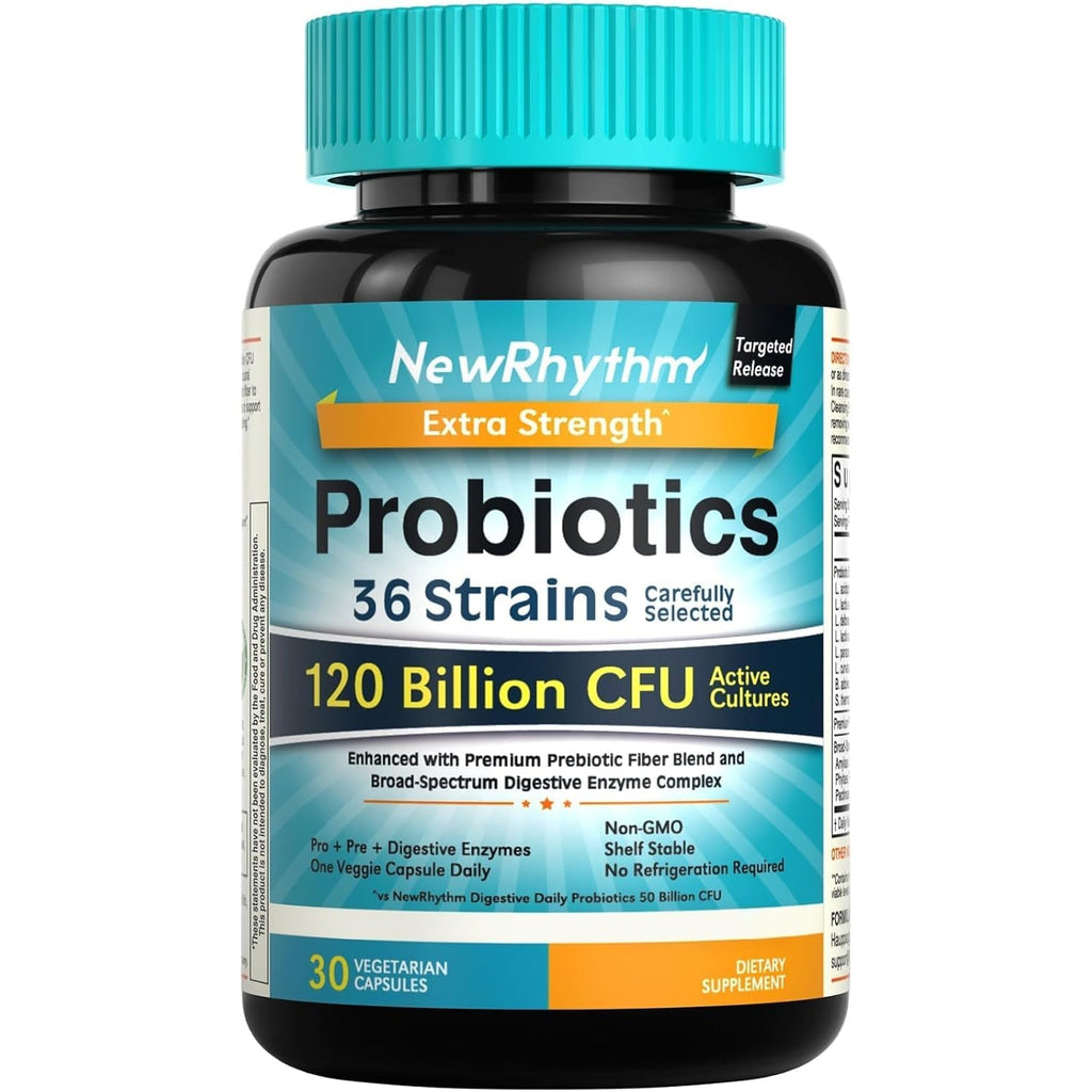 Newrhythm Probiotics 120 Billion CFU 36 Strains, 3-In-1 Probiotics with Prebiotics & Enzymes, Probioticos for Women & Men, Vegan Targeted Release Supplement, 30Ct