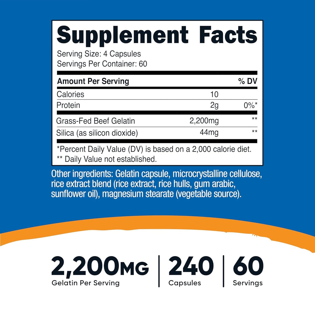 Nutricost Gelatin with Silica (2,200Mg) 240 Capsules - with Grass-Fed Beef Gelatin, Gluten-Free, Gmo-Free, 60 Servings