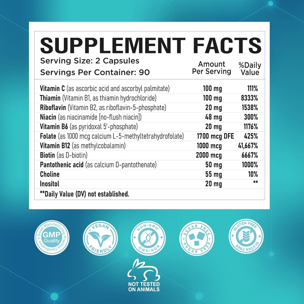 Nutrapep Methylated B-Complex Vitamins - Complete Methyl B Complex Multivitamin with Bioactive B9 5-MTHF B6 B12 - MTHFR Support Supplement for Brain Heart Energy - Vegan Gluten Free Sugar Free