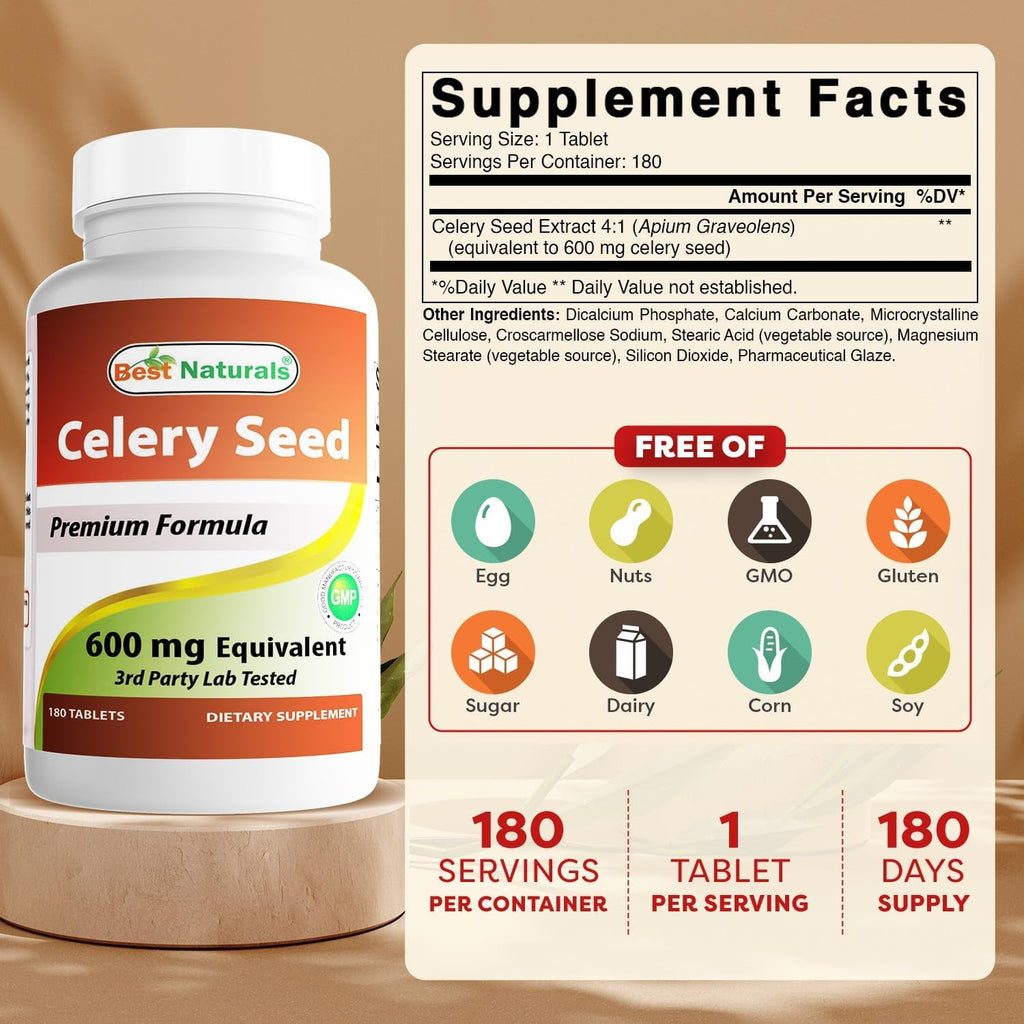 Best Naturals Celery Seed 600 Mg Tablet, 180 Count (817716014401)