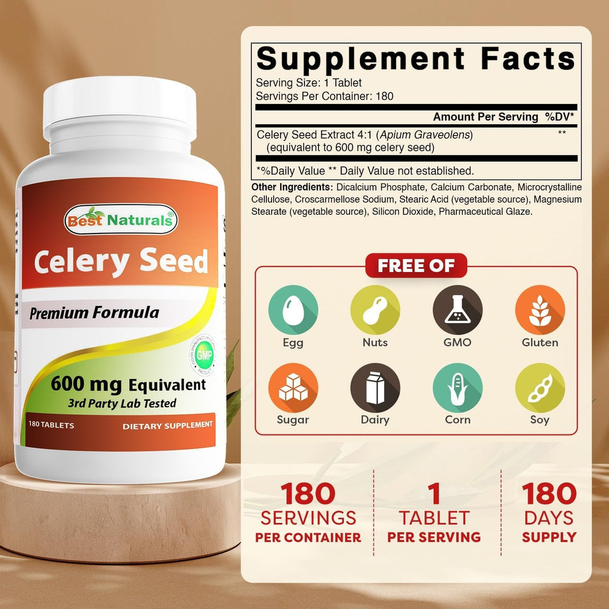 Best Naturals Celery Seed 600 Mg Tablet, 180 Count (817716014401)