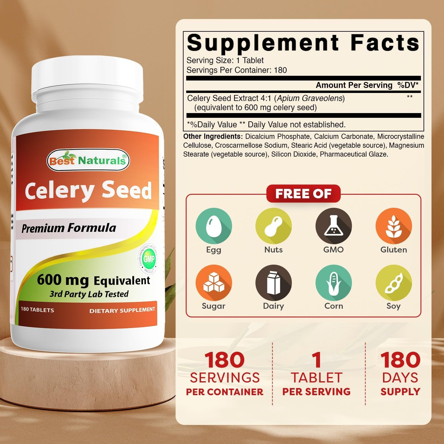 Best Naturals Celery Seed 600 Mg Tablet, 180 Count (817716014401)