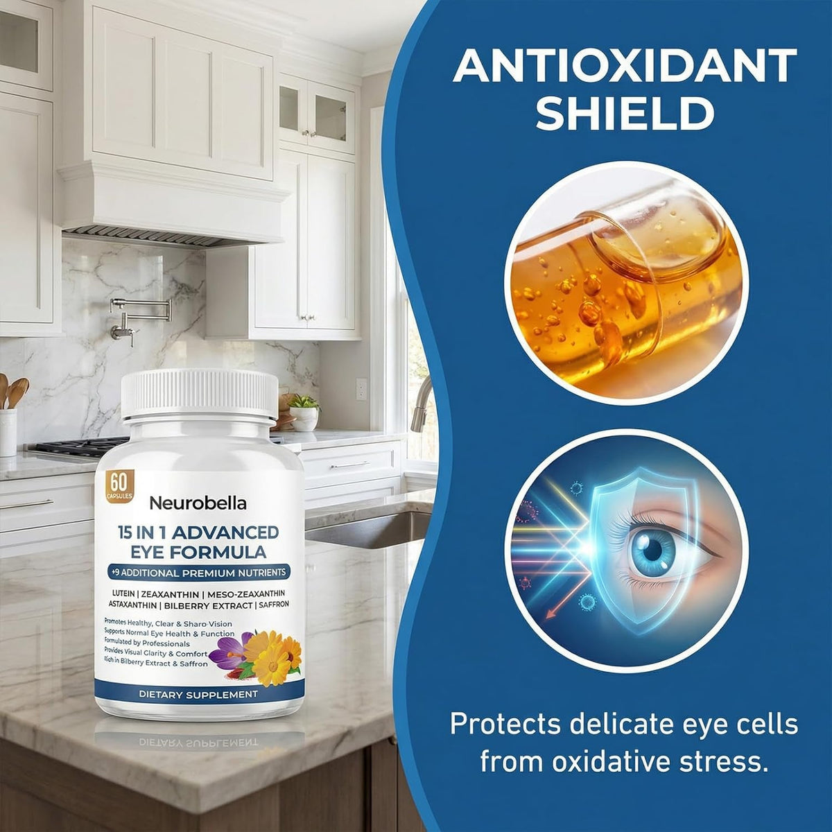 15-In-1 Advanced Eye Formula, Eye Support Formula for Daily Comfort with Lutein, Zinc, Luteolin, 60 Capsules